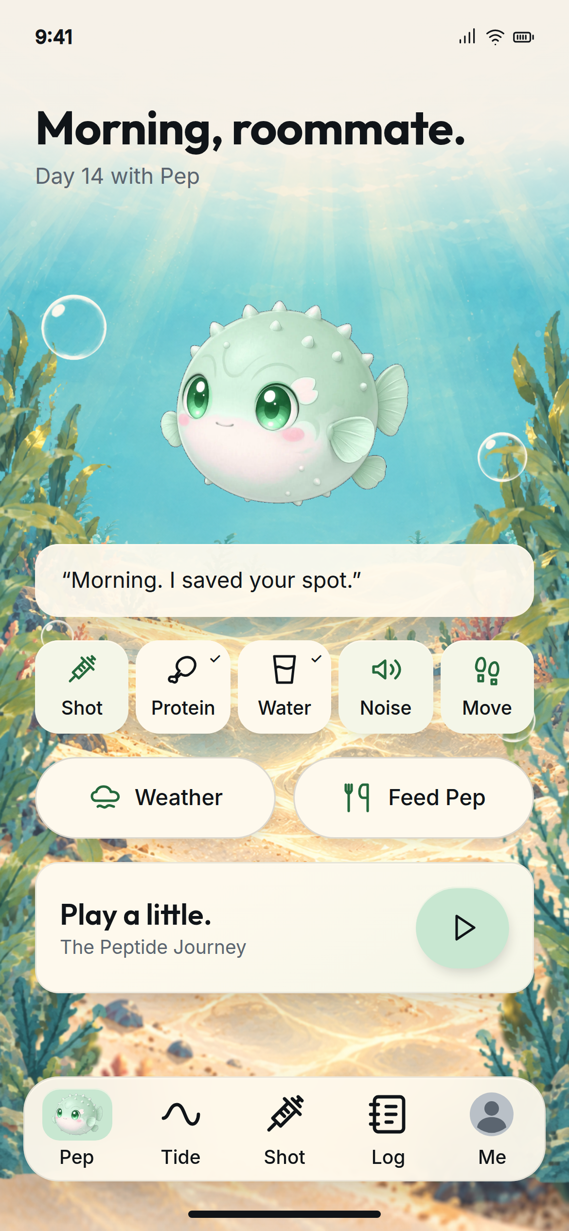 Pep in his tank with daily logging and The Peptide Journey