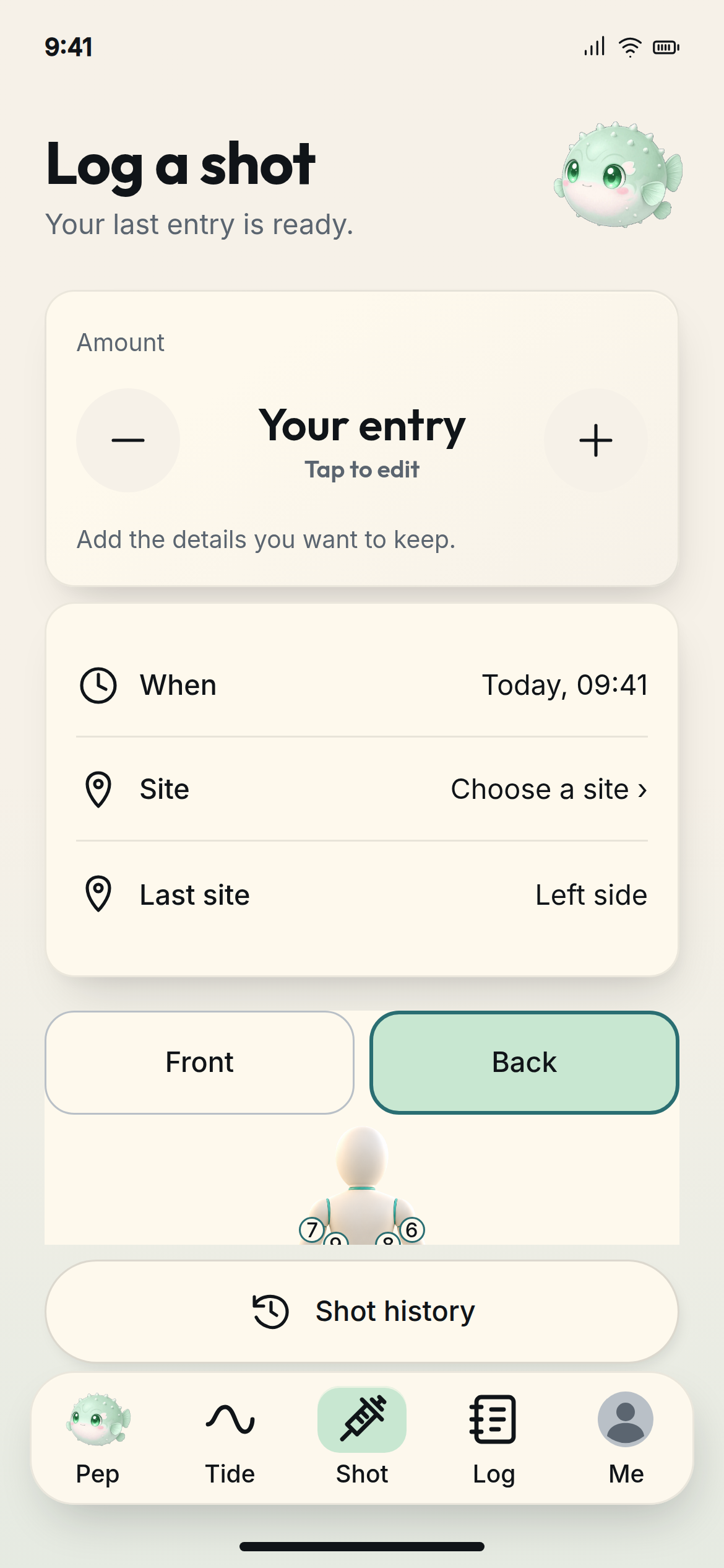 Shot screen with entry details and the site selector