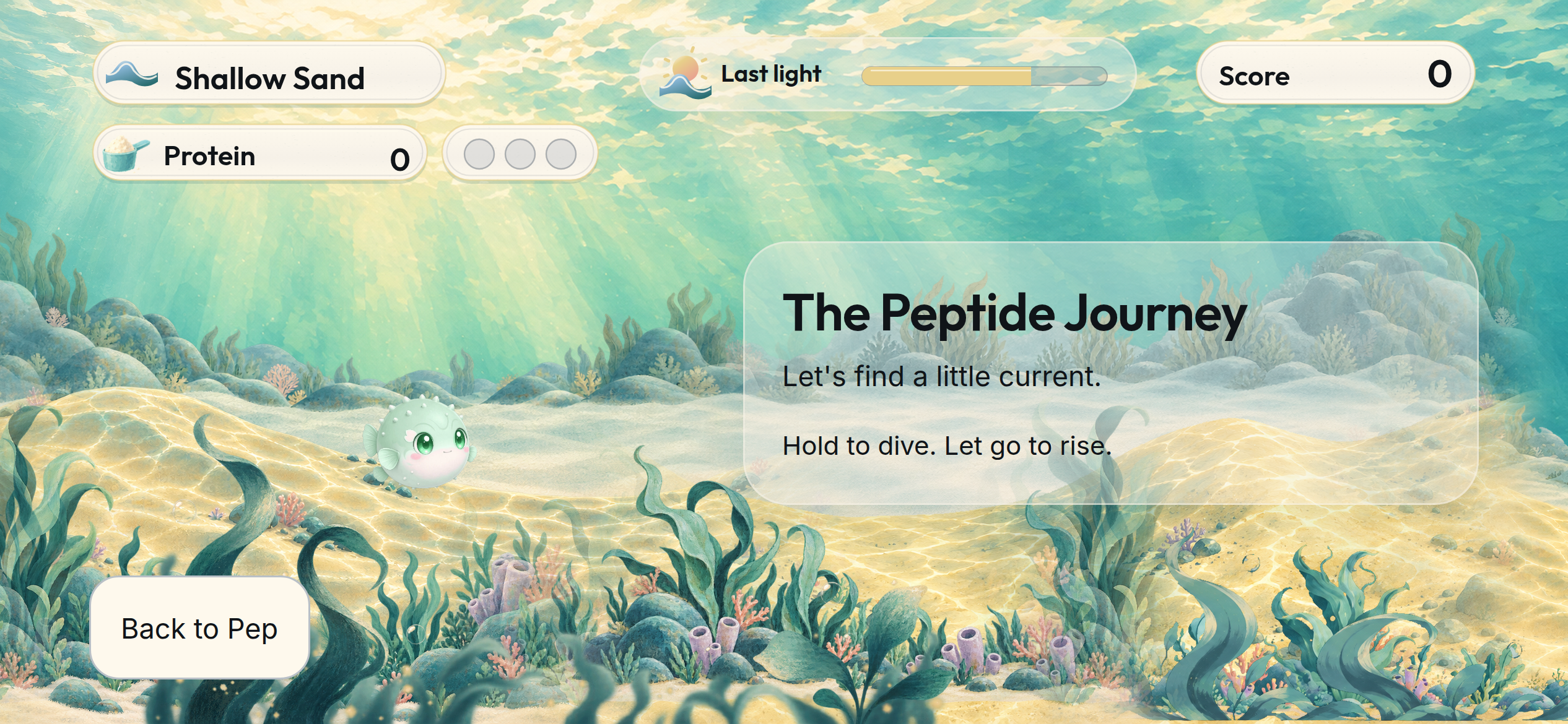 The Peptide Journey ready scene, with Pep and the hold and release hint