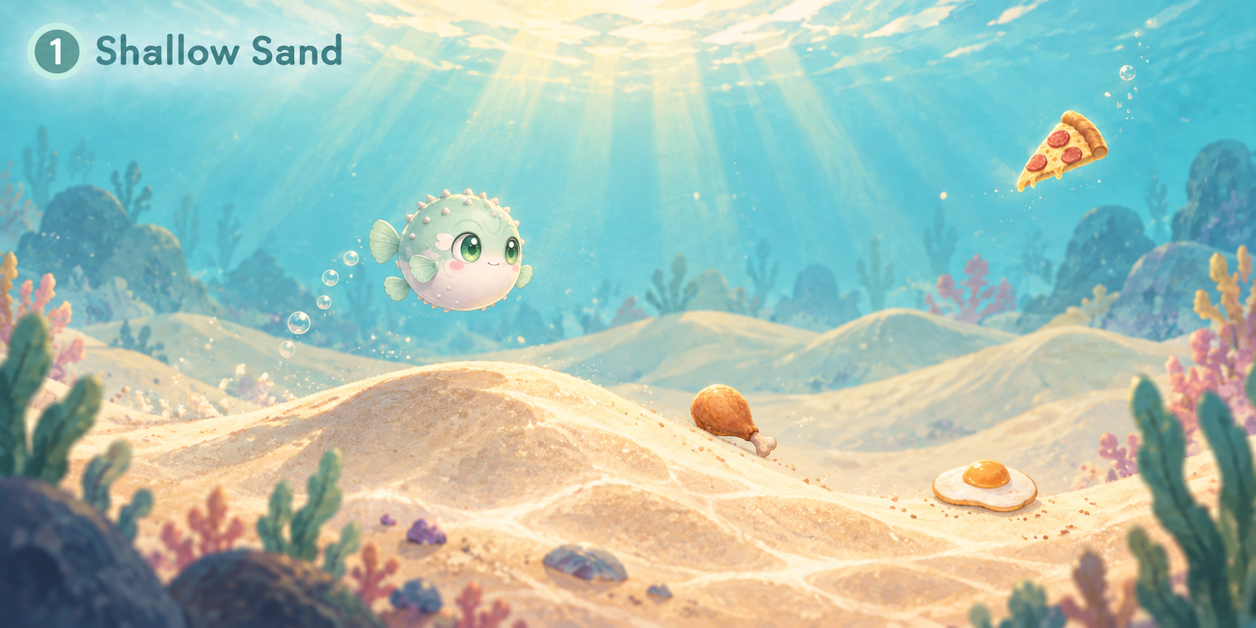 Pep facing right in the shallow sand ocean with floating food